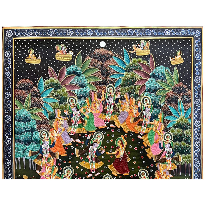 Lord Krishna dansant avec des villageois | Art Pichwai | Aquarelle sur coton