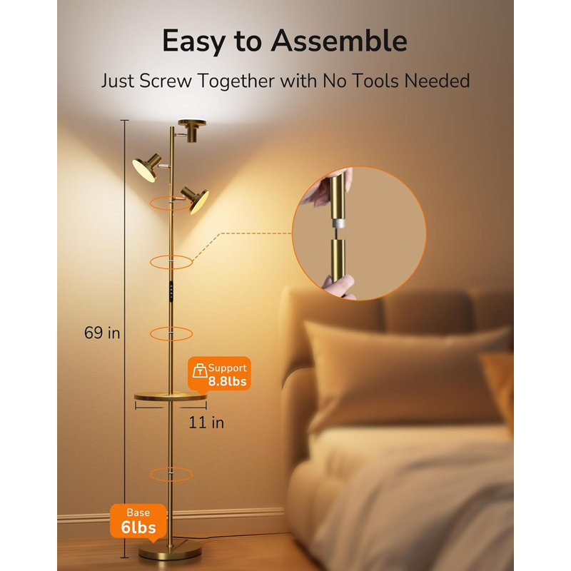 Modern 3-Light Floor Lamp With Shelf, Adjustable Color & Brightness, Remote & Button Control, 1200Lm LED Standing Tree Lamp For Living Room, Home Office, Bedroom