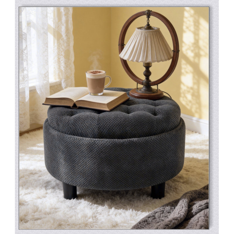 Repose-pieds de rangement rond de 25 pouces avec plateau, table basse moderne en tissu touffeté, rembourré avec plateau amovible pour le salon, la chambre à coucher
