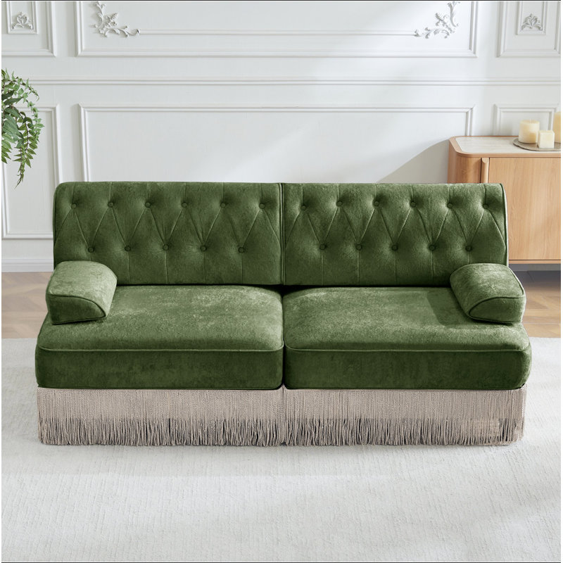 Canapé de style Chesterfield en velours doux, conception capitonnée à boutons, jupe de frange à franges sur le plancher, facile à assembler, combinaison libre, pour les salons