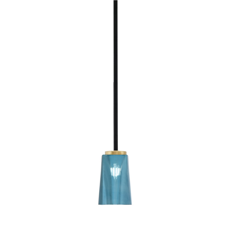 Suspension Anderson Stem Hung Mini présentée en finition noir mat et laiton New Age, avec verre fumé à bulles de 11,4 cm de largeur x 16,5 cm de hauteur.