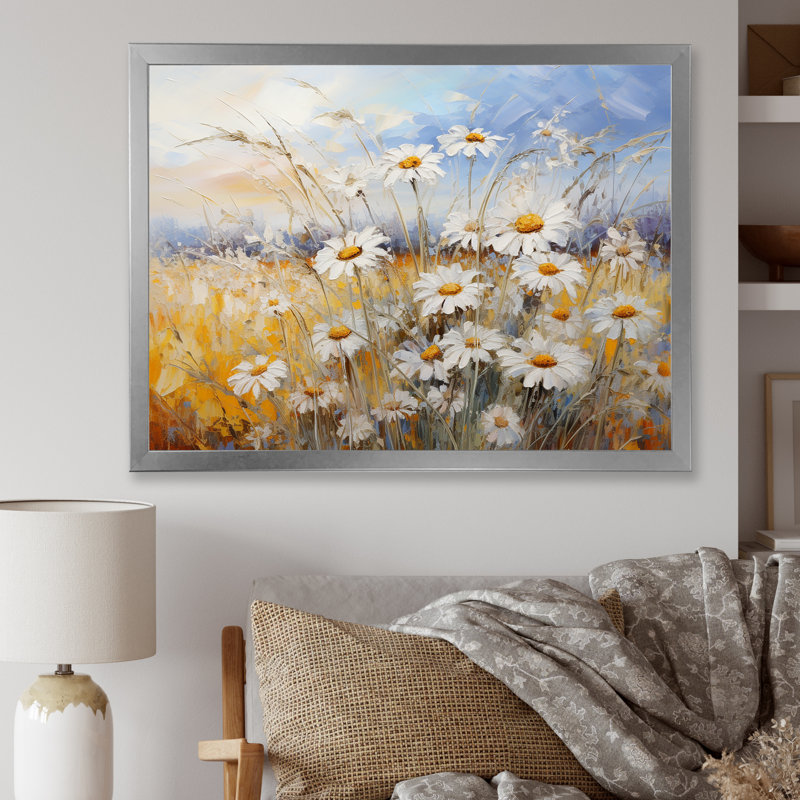 «Daisies Country Charm», impression d'art mural, H 16 po x l 32 po x P 1 po, Cadre simple argenté