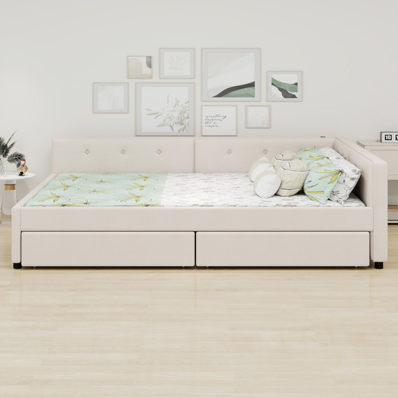 Upholstered Platform Bed With USB And 2 Drawers