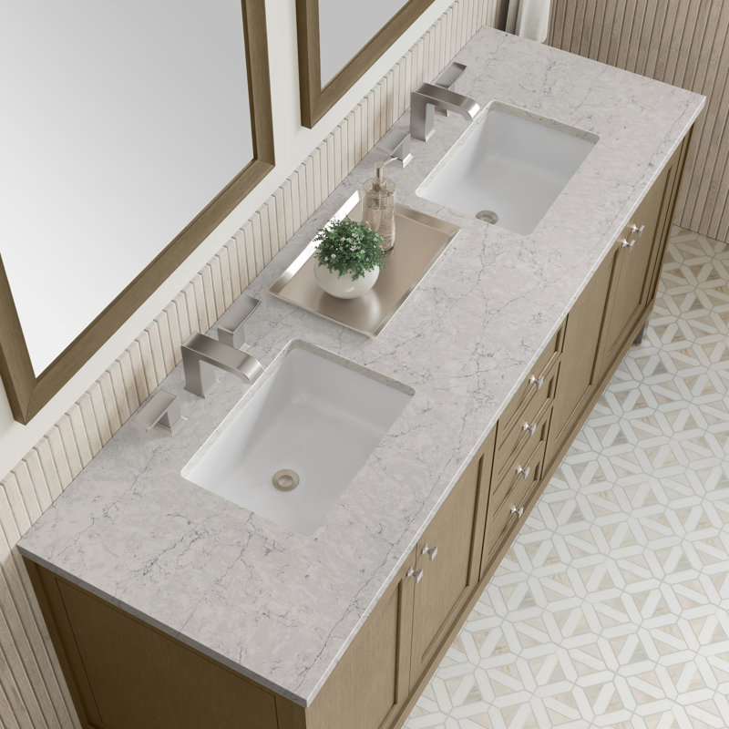 Chicago 72"W Double Vanity W/ Freepower Wireless Charger, Walnut Whisper, Eternal Jasmine Pearl