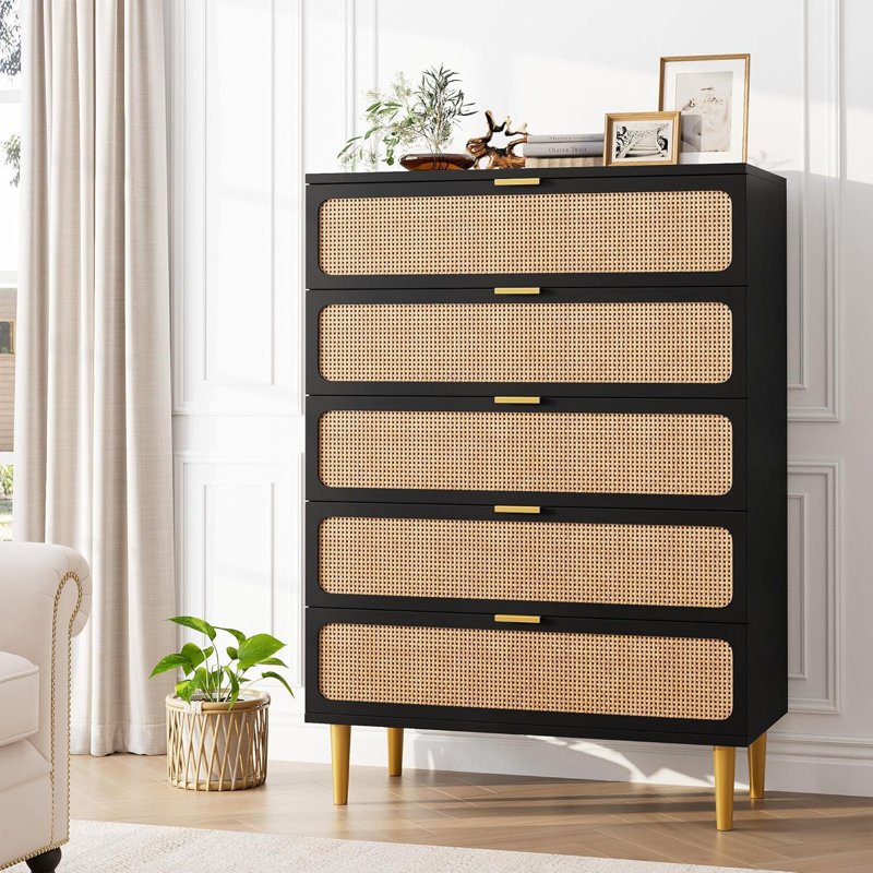 Rattan 5 Drawer Dresser, Black