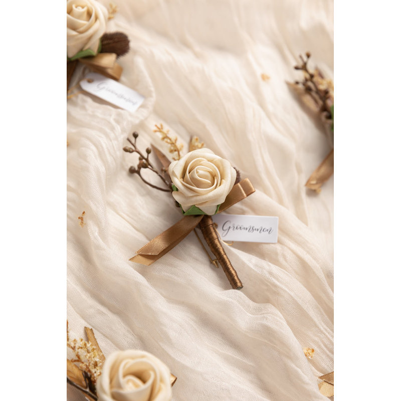 Boutonnières Ling's Moment en beige fauve et beige sable, Brun, beige et blanc