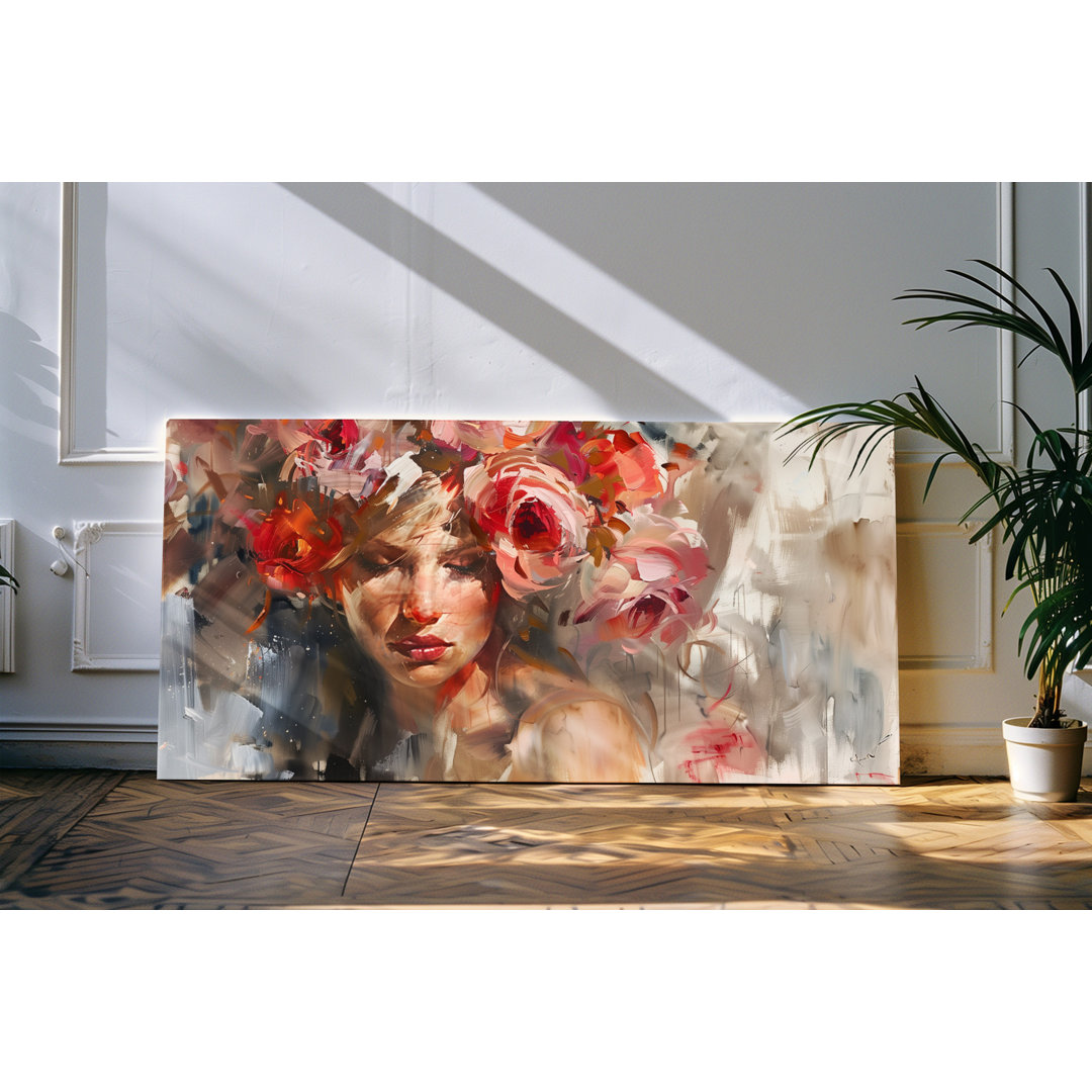 Wandbild 120x60cm Porträt einer jungen Frau rote Blumen Blüten Kunstvoll