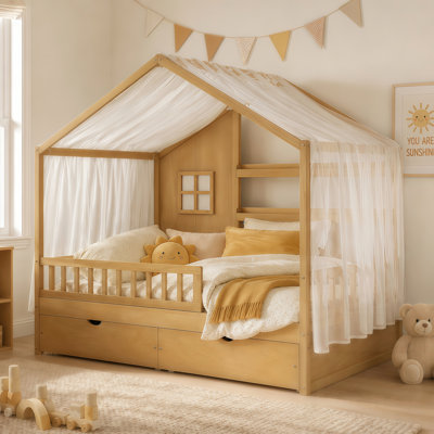 Cadre de lit pour enfants, style de lit Montessori avec toit et rideaux, garde-corps de sécurité, 2 tiroirs de rangement, lit en bois pour les filles, aucun sommier nécessaire, assemblage facile