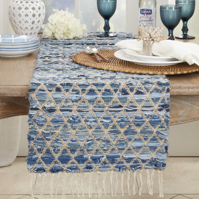 Blue Jute and Denim Woven Chindi Net Fringed Table Runner