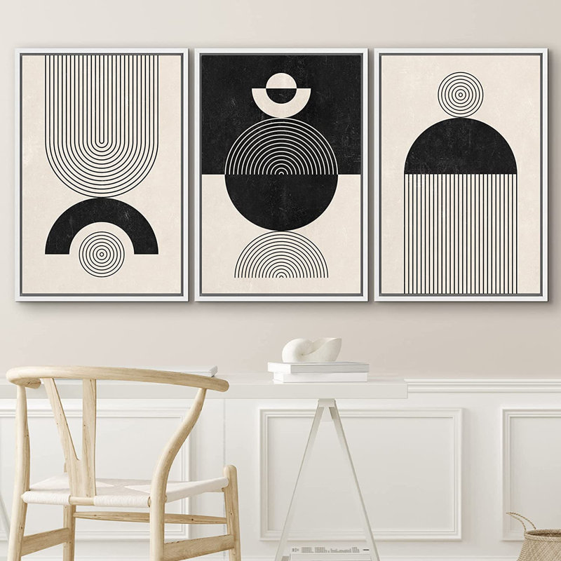 Ensemble de 3 reproductions d'art sur toile encadrées à motif géométrique Mid-Century Boho, H 24 po x l 48 po x P 1,5 po