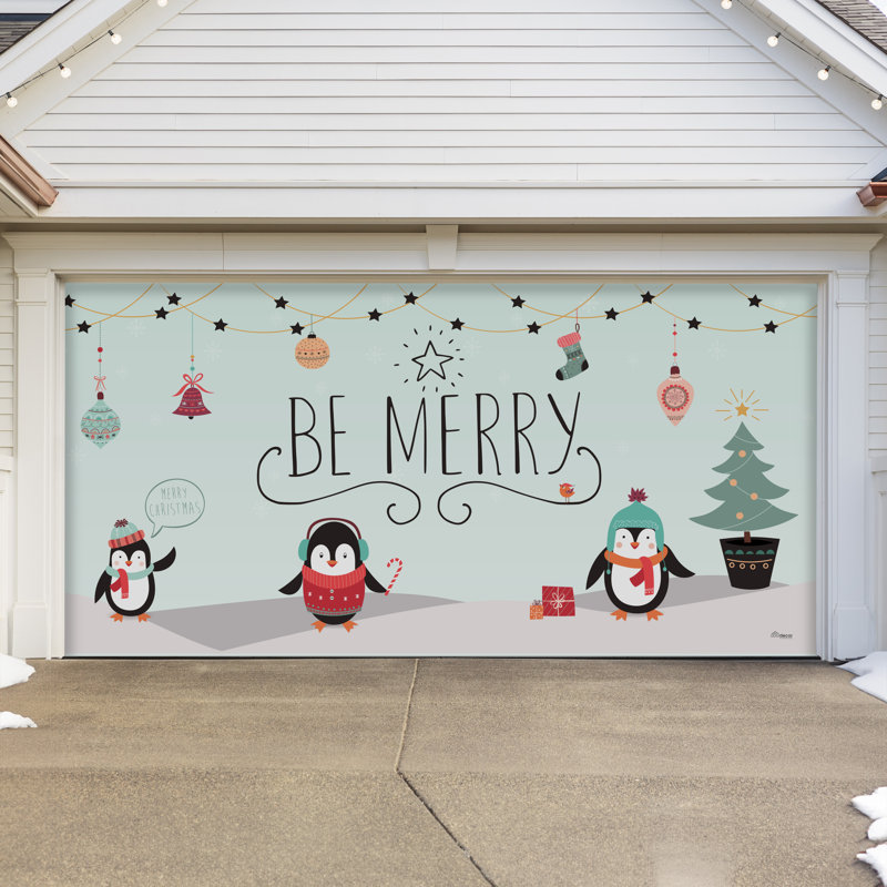 Bannière de porte de garage Whimsical Merry Penguins 7 pi x 16 pi - Décorations des Fêtes pour l'extérieur