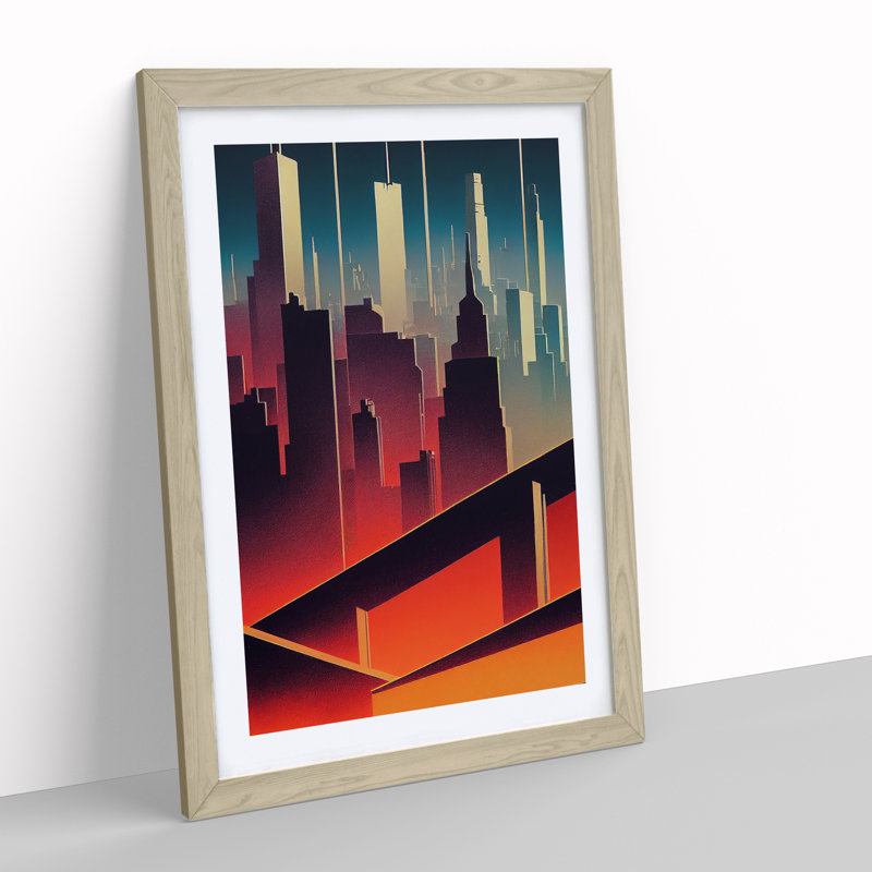A City Skyline Sunset No.1 Abstract - Single Picture Frame Print, 64cm H x 46cm W, Oak
