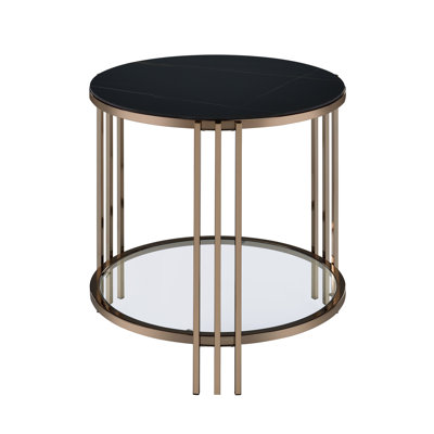 Elegant Sintered Stone End Table With Champagne Finish, 1 Shelf For Display, Modern Home Decor Object, 23.51 In. X 24.3 In., Black Organization, Option,