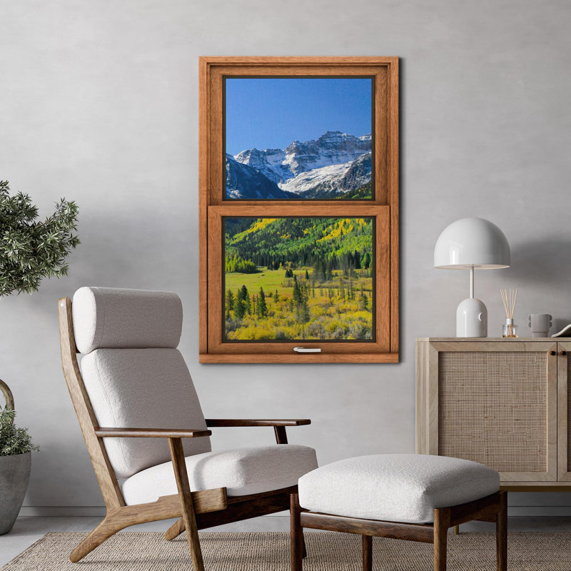 "Fenêtre, vue, Alpes, printemps, montagne, forêt, campagne, nature, décor, paysage rustique" sur toile, H 48 po x l 32 po