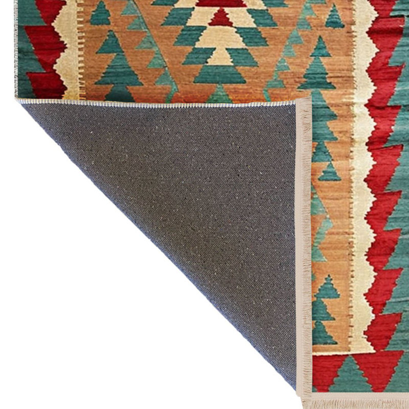 Tapis décoratif à motif tissé vert et orange, Tapis de couloir 2 pi 5,53 po x 9 pi 10,11 po