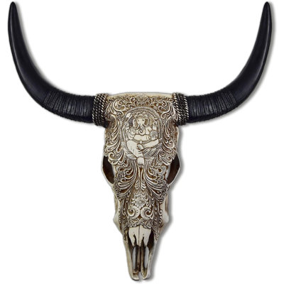 Décoration murale crâne de vache, gaufrage floral Ganesha - faux crâne de longhorn, art de tête de taxidermie, fait à la main - grande tête de taureau - sculpture murale de ferme - 39 * 23 * 7 pouces (blanc)