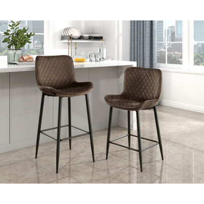 Ensemble de 2 chaises de hauteur de pub en velours brun rembourrées de mobilier de salle à manger décontracté avec pieds en métal, siège de 29 pouces de hauteur, chaises de bar