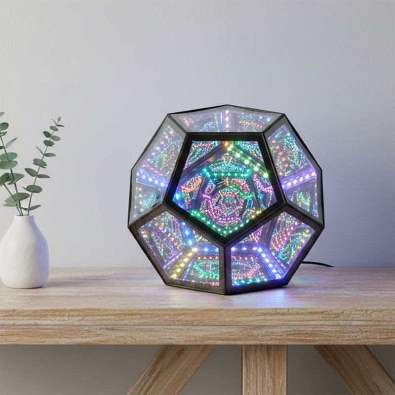 RGBW Color-Changing Infinity Dodecahedron Display Riser with Magnetic Lid, Lighted Display Case for Collectible Figures