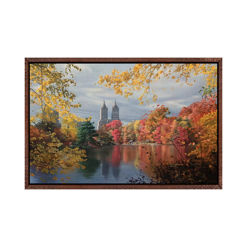 Autumn In Central Park 1 Piece Painting on Canvas, 66.04 cm H x 45.72 cm W, Classic Brown Wood Framed