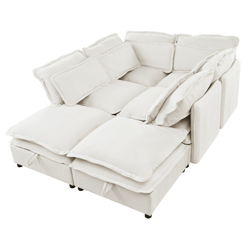 Elysara Modular Sleeper Sofa Convertible Sectional, Beige Polyester, 32" H x 124.4" W x 63" D