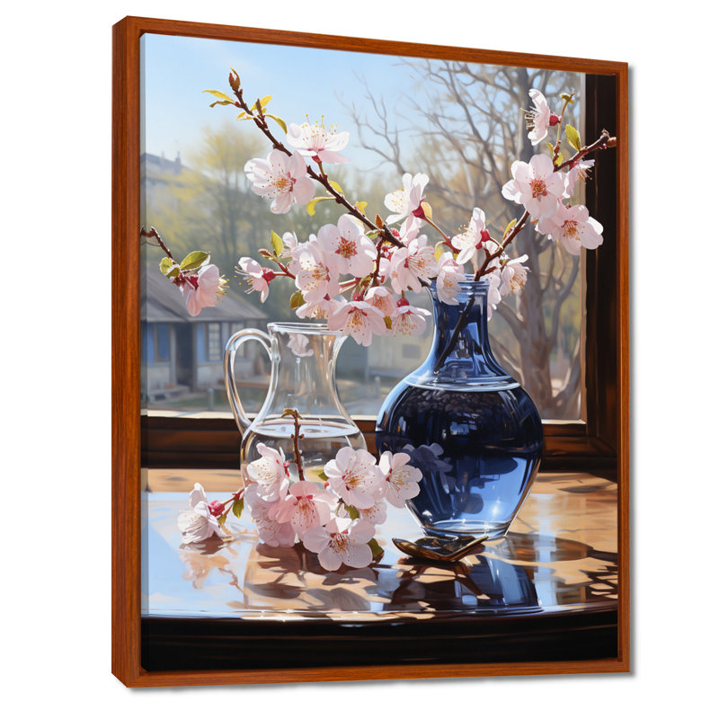 Nature morte, fleurs de cerisier roses, vase bleu - bouquets assortis, Toile avec cadre flottant brun