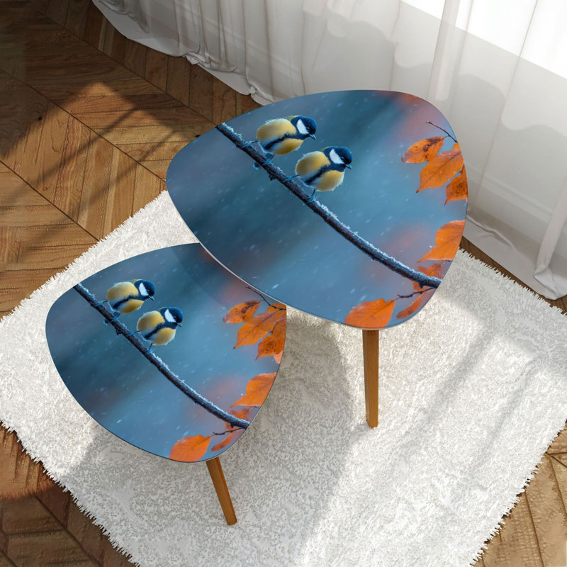 Triangle Nesting Coffee Table Set of 2 couple cute birds Tits Park sitting branch among bright autumn foliage End Table Modern Minimalist Side Table Set for Living Room Bedroom