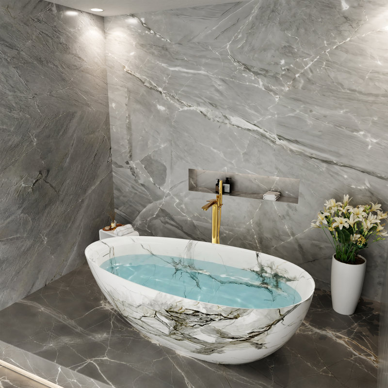 CASAINC 66"x 33" Freestanding Solid Surface Soaking Bathtub with Marble Look