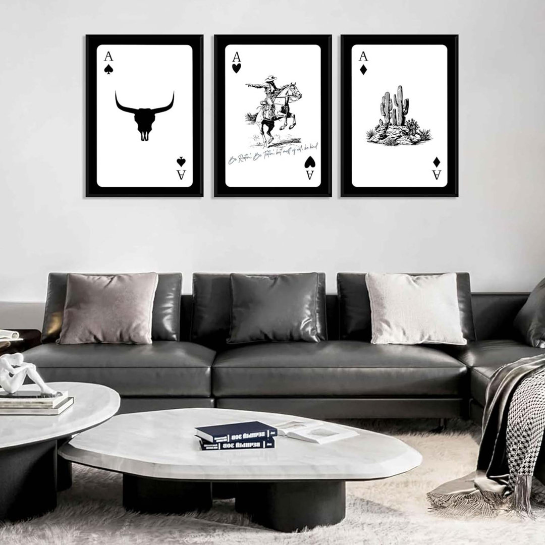 3Pcs Western Cowboy Canvas Wall Art Rustic Southwestern Poster Retro Western Aesthetic Pictures Playing Card Prints Longhorn Bull Skull Painting Cactu