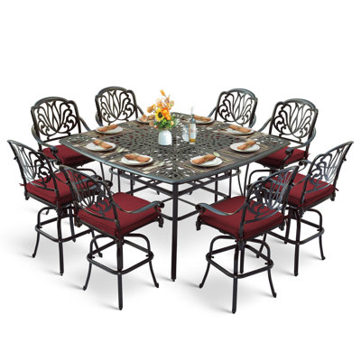 Ensemble de 9 barres de patio pivotantes pour l'extérieur, mobilier de bar haut en aluminium coulé résistant aux intempéries avec 8 tabourets pivotants rembourrés, grande table carrée de 64 po de hauteur, trou pour parasol 2,2 po