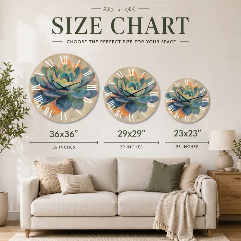 Horloge murale surdimensionnée de style sud-ouest américain, imprimée sur bois, motif rosette de succulentes éclatantes - Bleu marine
