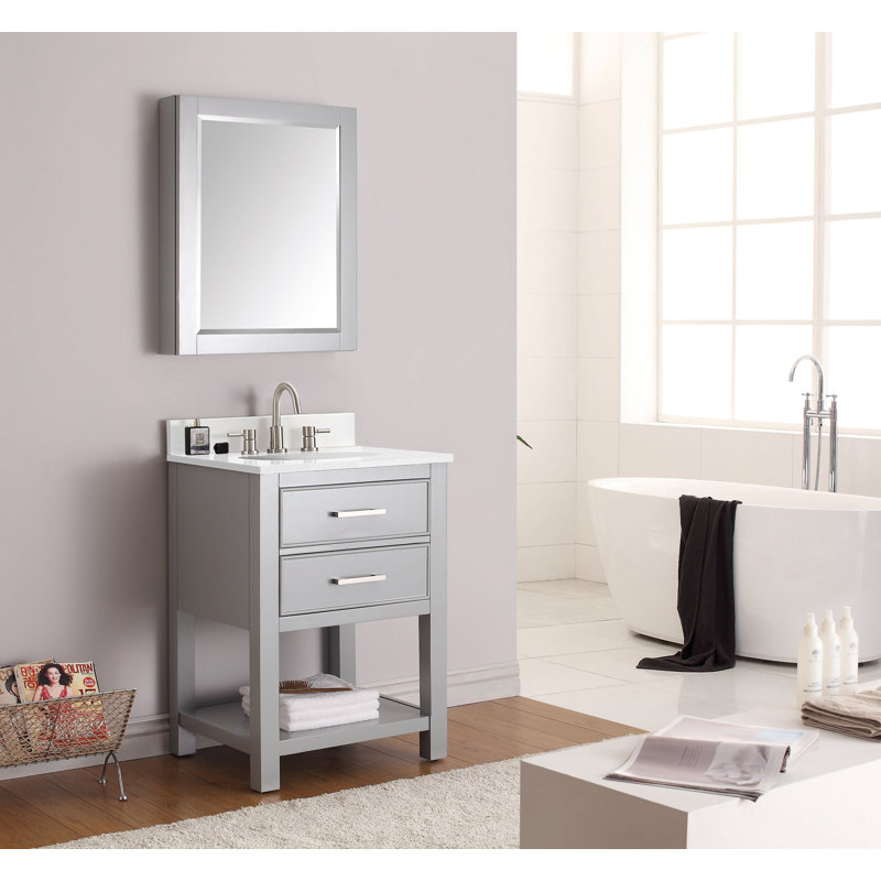 Ensemble de meuble-lavabo simple 25 po Brooks, Gris givré, Marbre blanc de Carrare