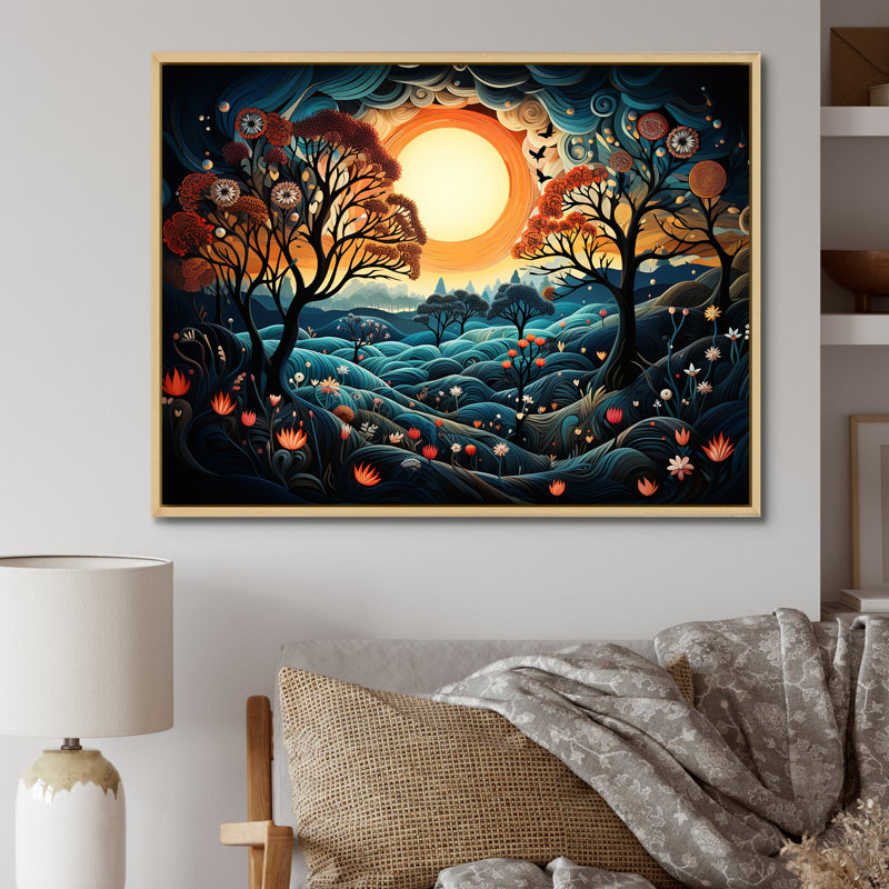 «Blue Horizon of Heart Trees Landscape II», art mural arbre, Cadre flottant brun, H 30 po x l 40 po x P 1,5 po