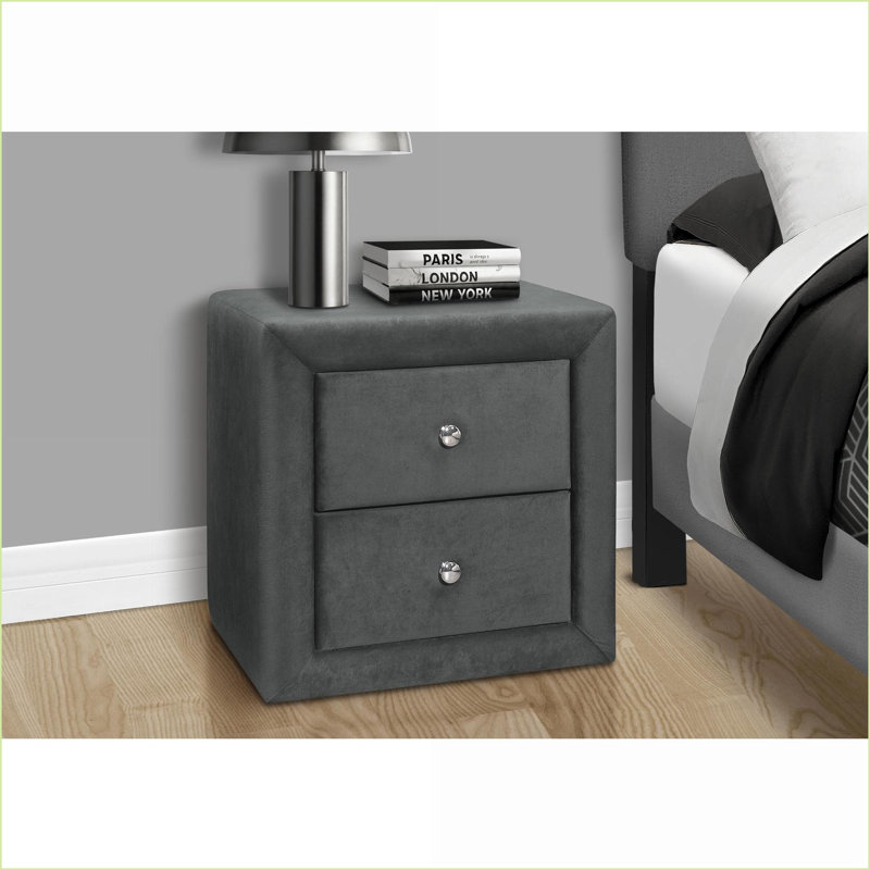 Table de chevet transitionnelle en velours gris avec 2 tiroirs - sans assemblage, Gris