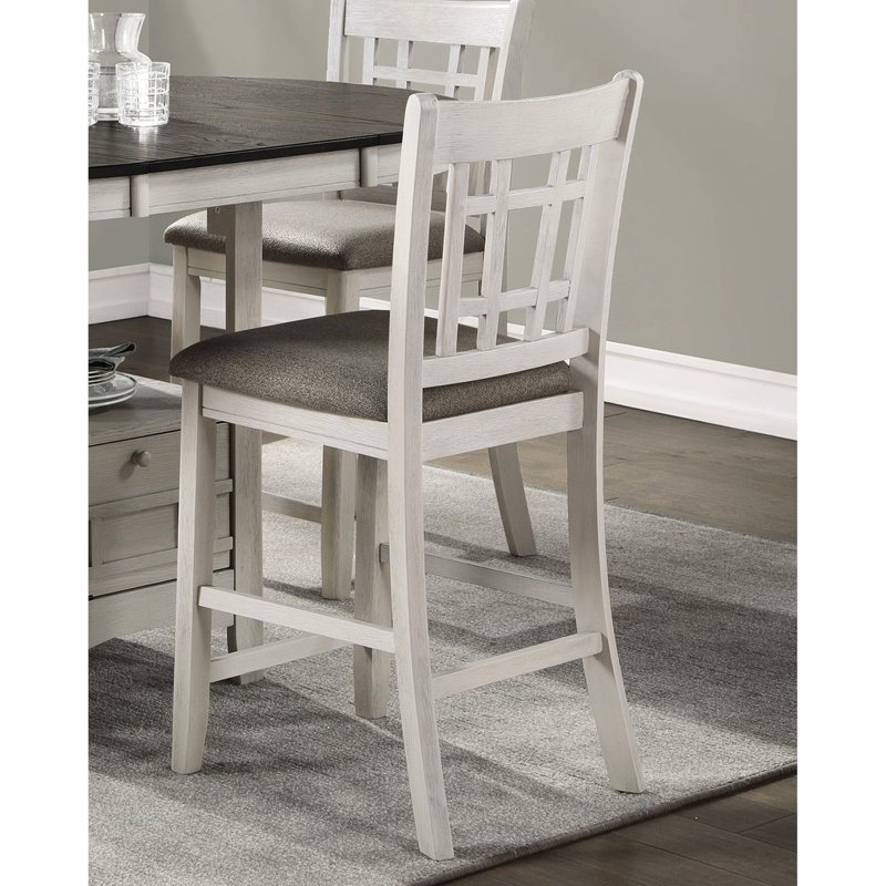 Chaises à hauteur de comptoir 2 pièces au fini blanc antique - siège rembourré brun pour salle à manger commune avec tissu en bois