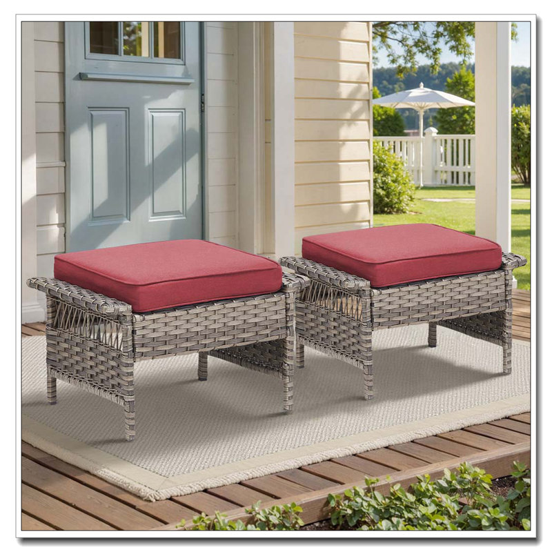 Outdoor PE Wicker Ottomans Set of 2 with Gray Cushions