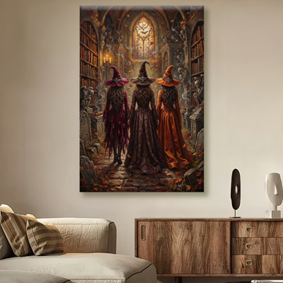 Vintage Thrilling Witch and Castle Canvas Wall Art Halloween Picture Print, Retro Dark Scene Gothic Artwork Painting Decor for Living Room Bedroom Home Office