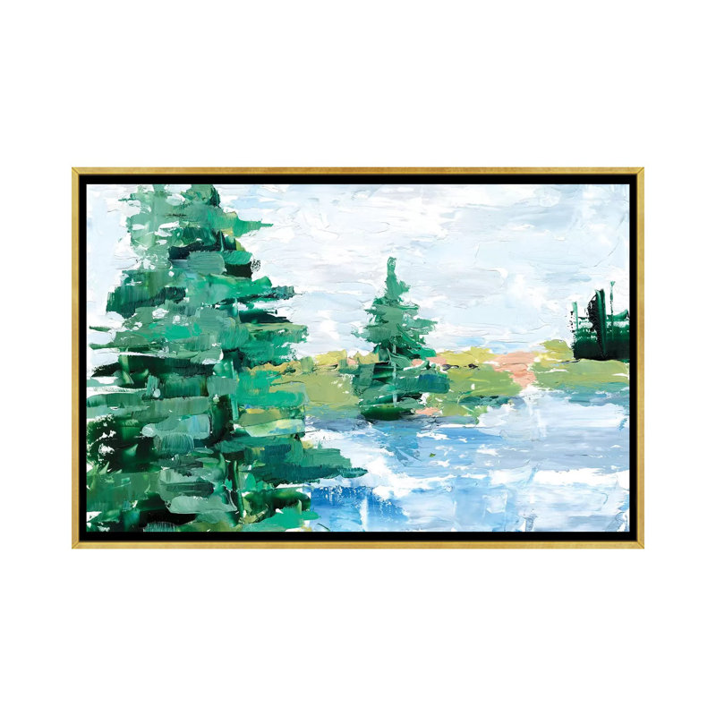 «Evergreen Lake I» par Ethan Harper - reproduction d'art, H 26 po x l 40 po x 1,5 po, Toile encadrée d'or, Pas de tapis