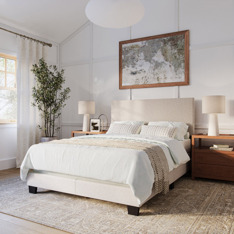 Lit tapissier Arlea, Double, Polyester beige