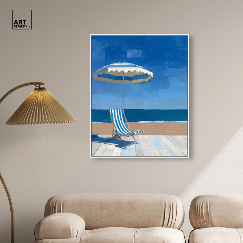 «Blue and White Umbrella II», reproduction d'art sur toile par Art Remedy, cadre blanc, 30 x 36, H 37 po x l 31 po