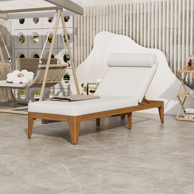 Chaise longue d'extérieur avec dossier réglable à 4 positions, coussin de tête et support coussiné, Beige