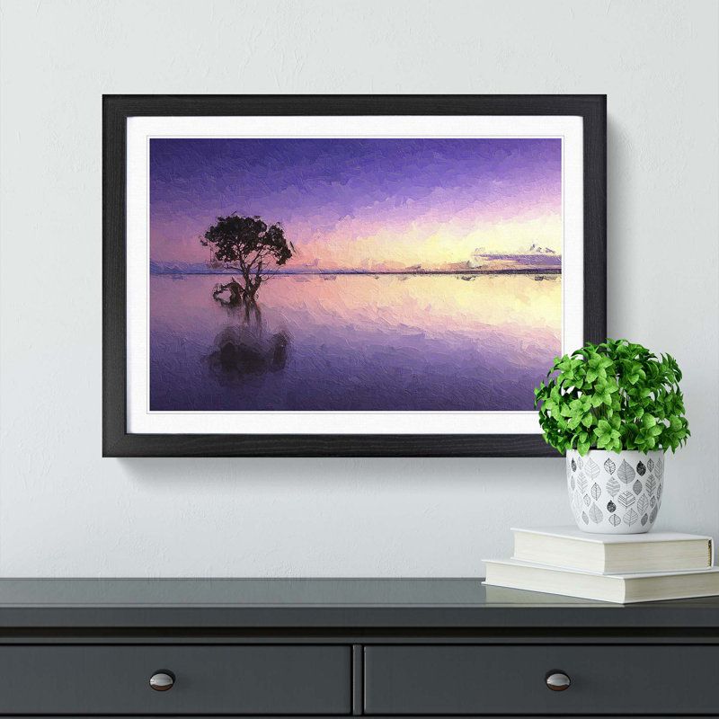 Tree Alone During a Purple Sunset in Abstract - Picture Frame Painting Print, 48cm H x 65cm W x 2cm D, Black Framed