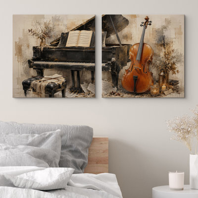 Ensemble de 2 pièces de piano à queue classique avec violoncelle avec pièce de musique neutre et chaleureuse encadrée