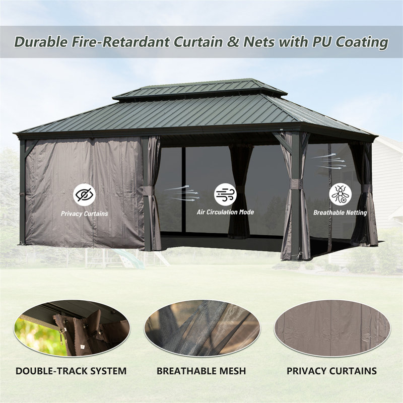 12' X 20' Hardtop Gazebo Large Outdoor Metal Gazebo With Galvanized Steel Double Roof Canopy, Aluminum Frame, Curtains And Netting For Patio, Deck, Garden, Grey