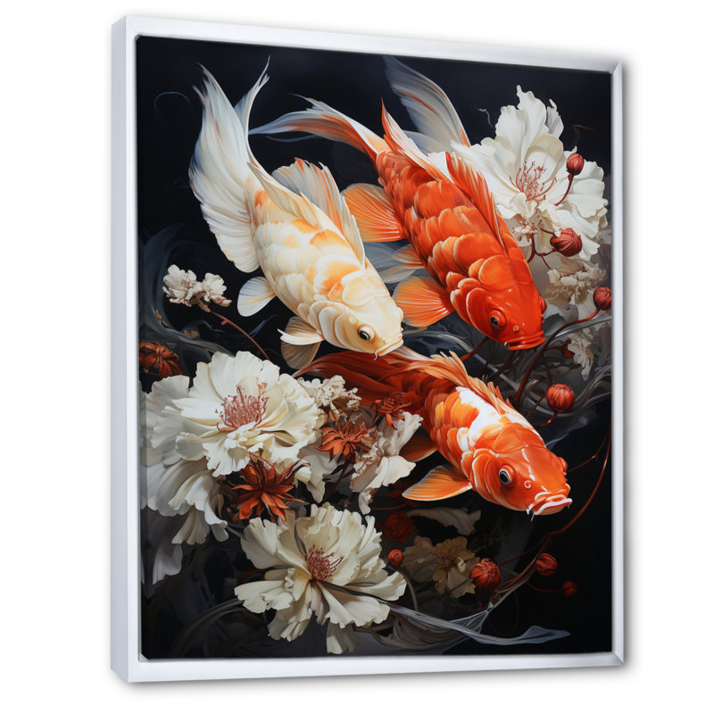 «Fishing Contemporary Koi Fish III», reproduction sur toile, H 32 po x l 24 po x P 1 po, Cadre flottant blanc