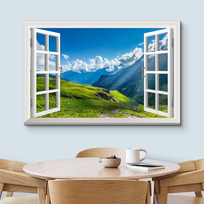 Fenêtre de paysage «Vue de la fenêtre sur la vallée de montagne, images de la nature, paysage rustique, détente, calme et ultra» sur