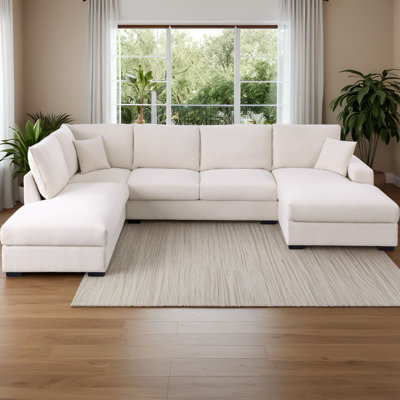 Canapé modulaire en forme de U de 127 po de large avec méridienne double, canapé modulaire en tissu de lin à 6 places avec coussins amovibles