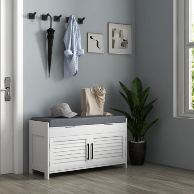 Banc à chaussures blanc pour hall d'entrée, compartiments cachés, siège à coussin, tablettes réglables, portes à volets, capacité de 352 lb pour banc de chambre à coucher - blanc, avec support