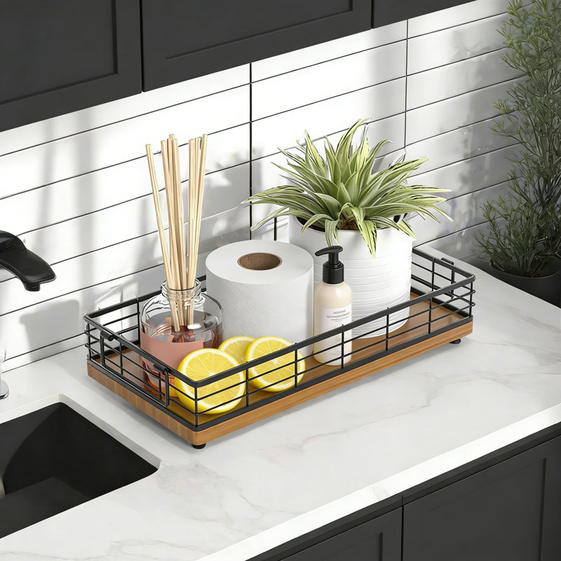 Organisateur de panier de toilette avec poignée, plateau de rangement de salle de bain en bois rustique et en fer pour papier hygiénique et articles essentiels, tablette peu encombrante