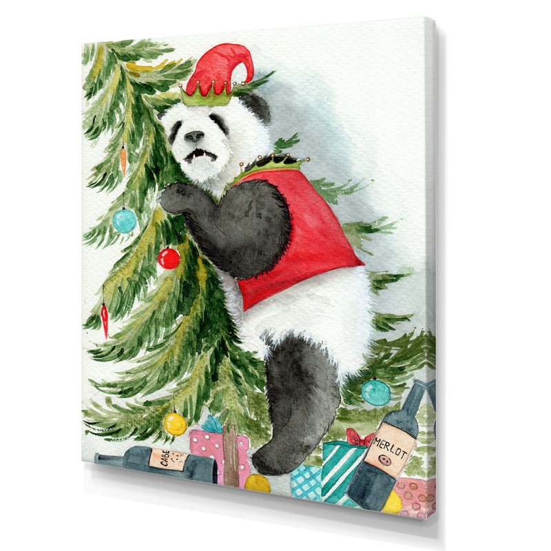 Panda portant un chapeau d'elfe de Noël - peinture sur toile, Toile tendue, H 40 po x l 30 po