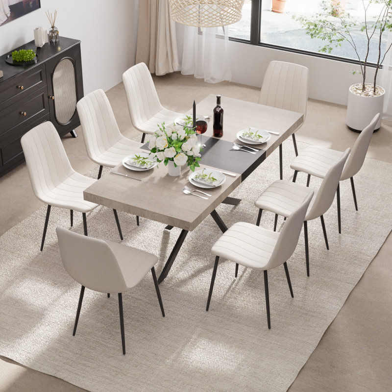 55-70in Rectangle Extendable Dining Table Set, Beige/Black, 9